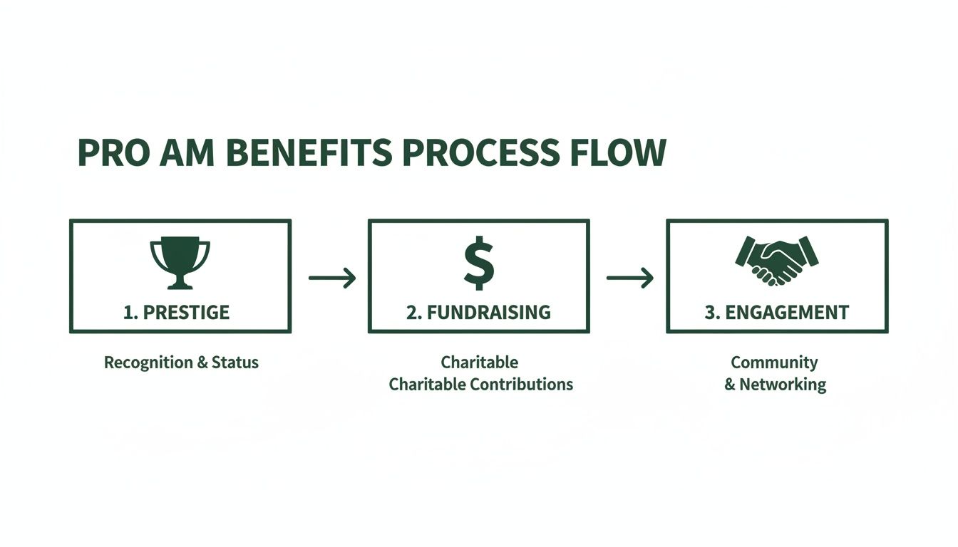 A Pro Am benefits process flow chart showing prestige, fundraising, and engagement steps with icons.