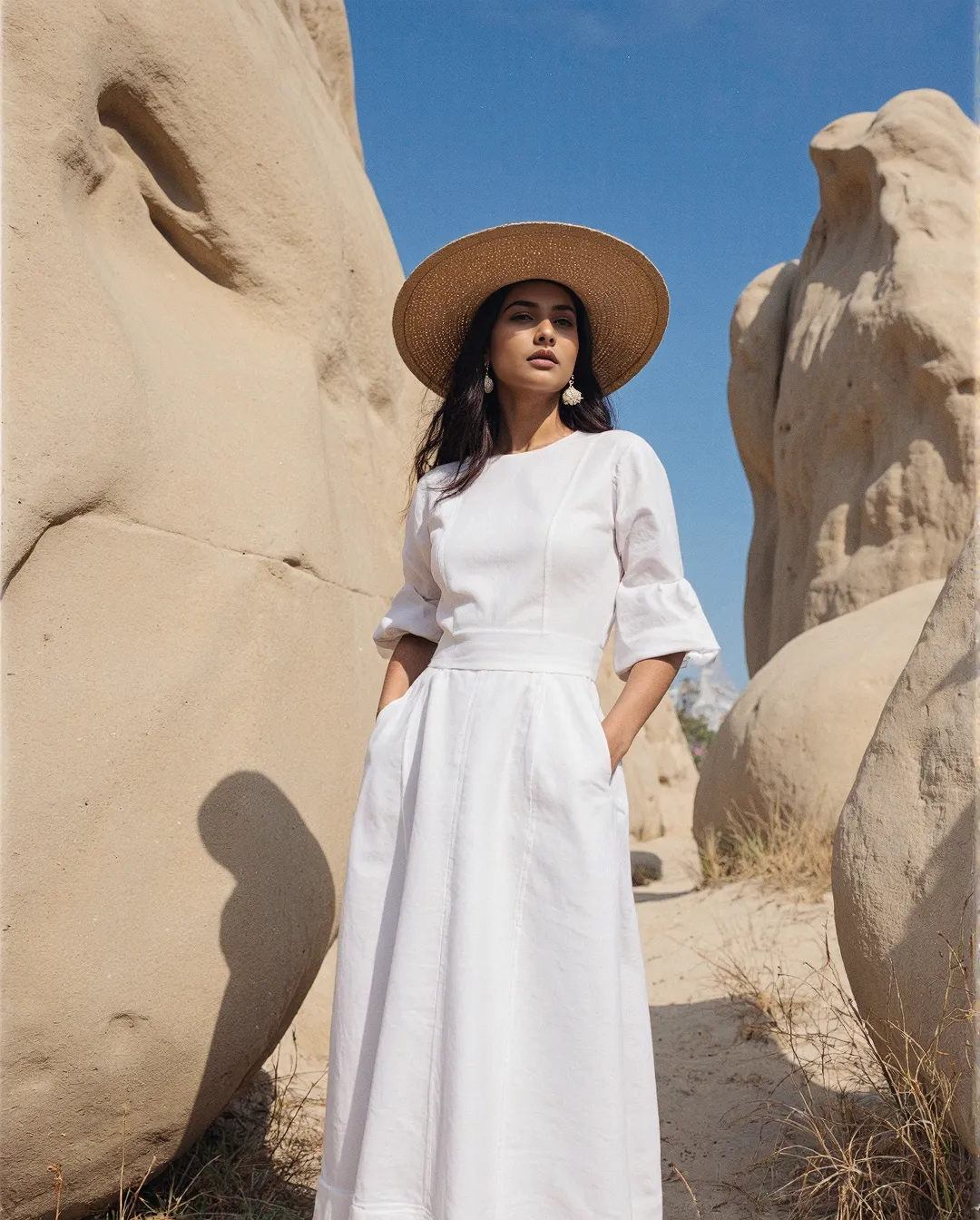 A figure in a flowing white dress and wide-brimmed straw hat stands elegantly between smooth, curved desert rock formations under bright blue sky
