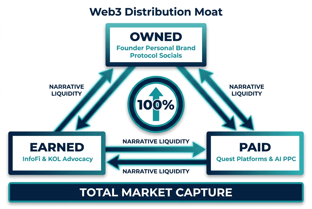 A triangular framework diagram showing the integration of Owned, Earned, and Paid distribution channels for Web3 market capture.