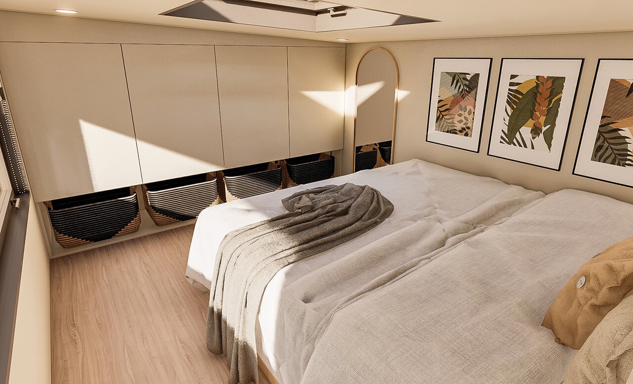 Master bedroom with wardrobe storage in petite maison