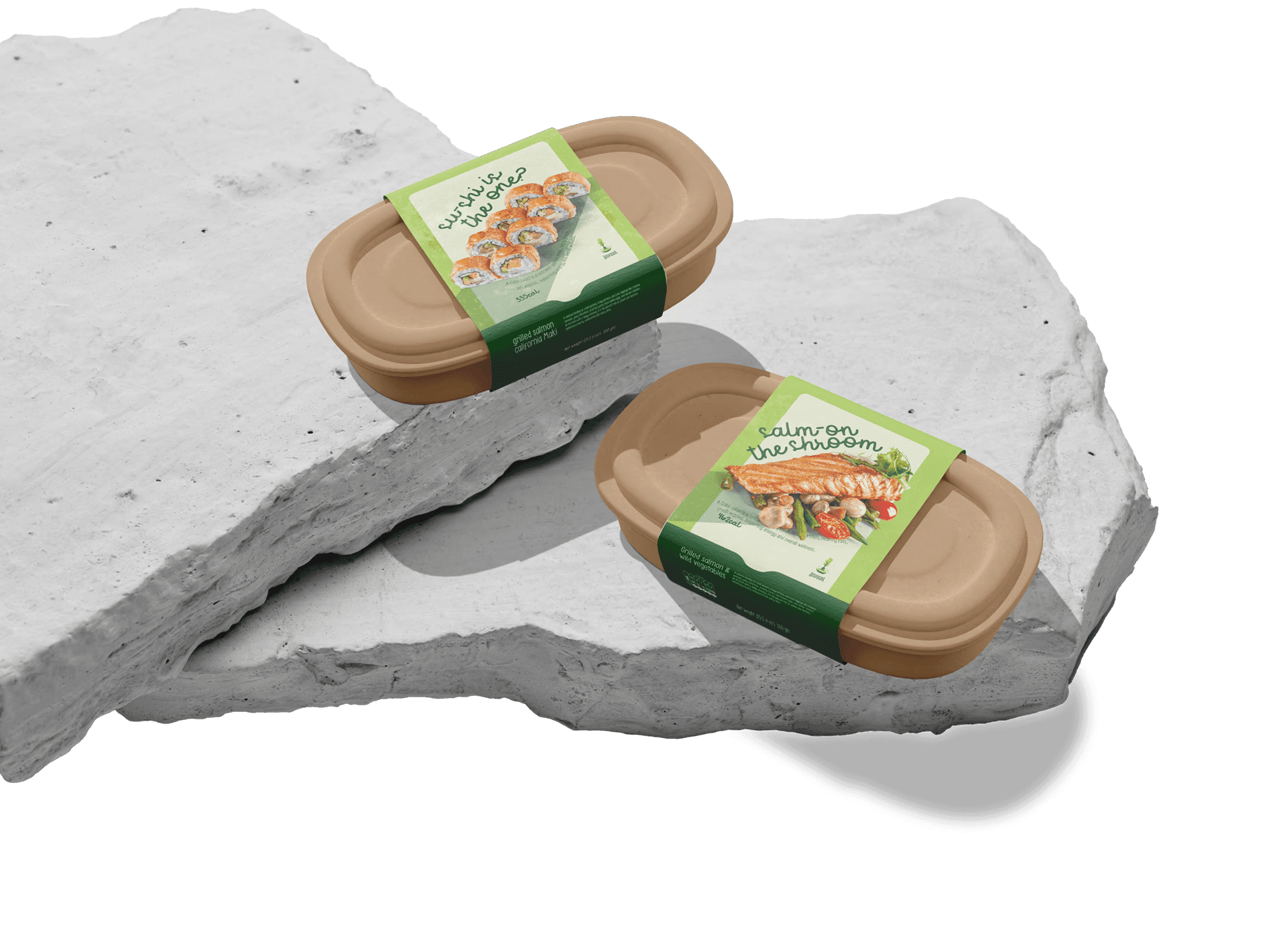 Lowcal Garden ready meal takeaway containers — 'Sushi Is the One' california maki and 'Salm-on the Shroom' grilled salmon with vegetables in eco-friendly packaging on stone surface  ready meal packaging design by Makers' Studio