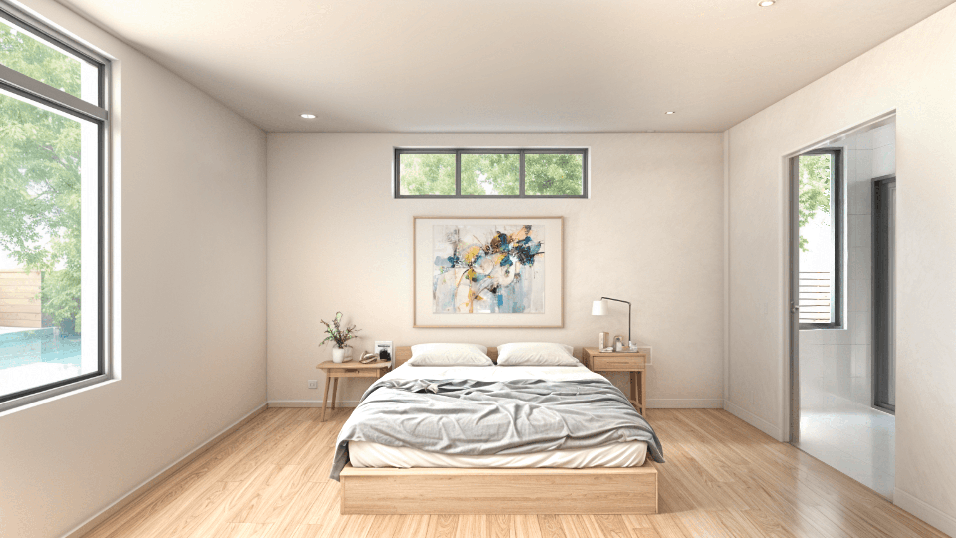 Modern bedroom with minimalist decor, large windows, and soft lighting, creating a serene and comfortable retreat.