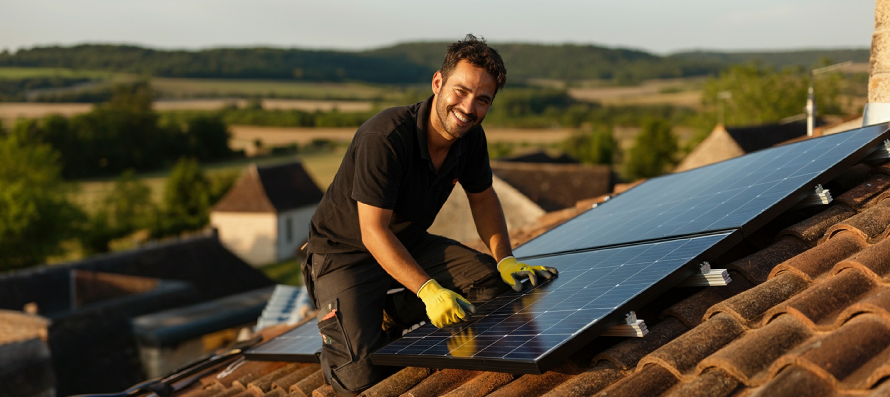 Photo d'un technicien Solarock qui installe des panneaux solaires sur le toit d'une maison