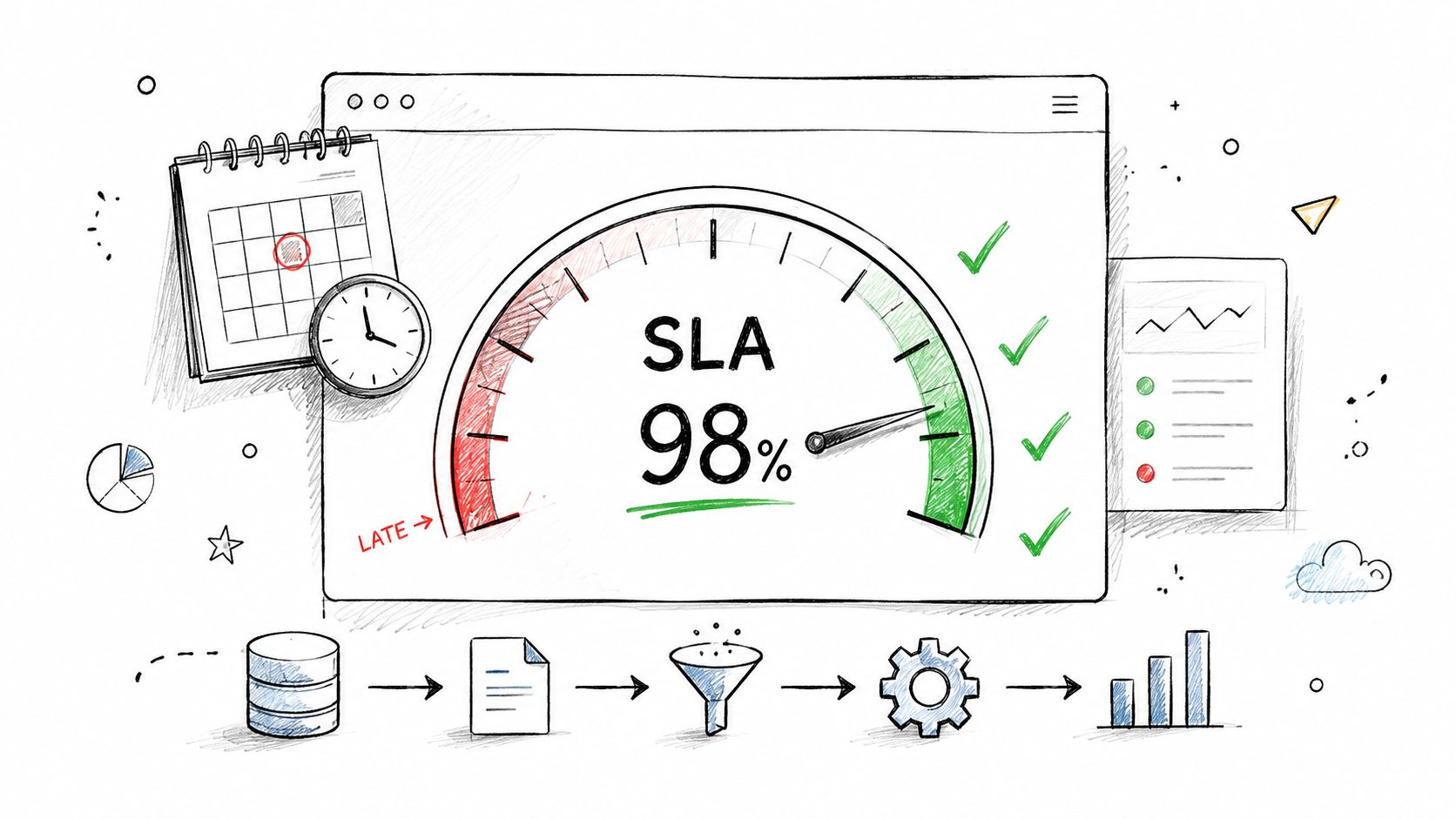 A hand-drawn illustration showing a Service Level Agreement speedometer gauge at ninety-eight percent with process workflow icons.