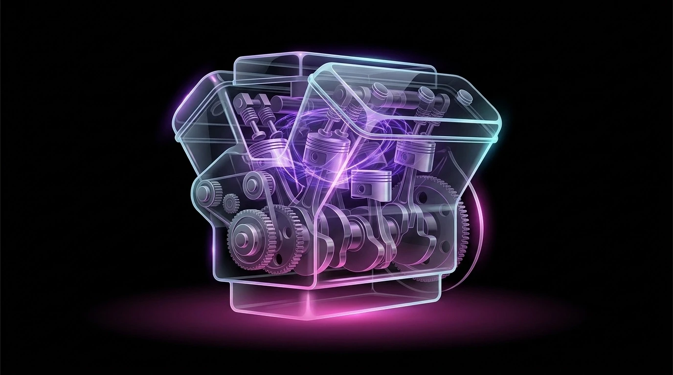 A minimal vector illustration of a high-tech engine block rendered in translucent glass, revealing intricate internal gears glowing with electric violet light on a black background.