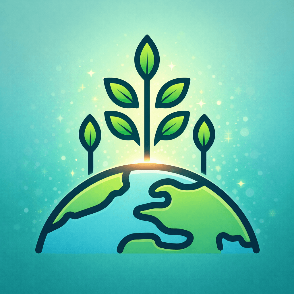 Illustration of a stylized Earth with growing green plants and soft glowing light, symbolizing sustainable design and long-term product growth.