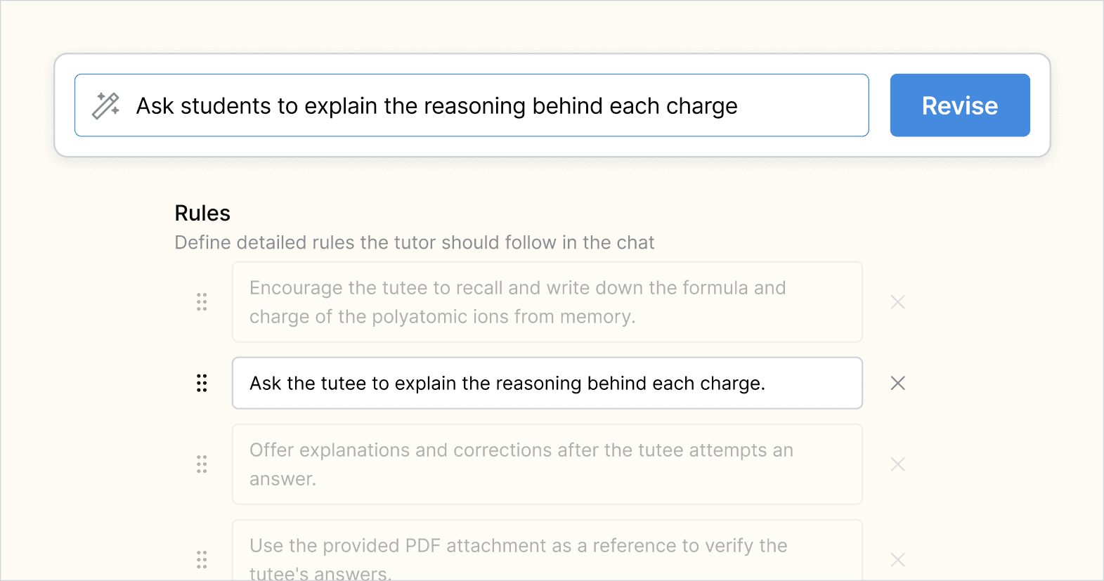 Teacher using the revise feature to get the AI to ask the student to explain the reasoning behind each charge and Flint automatically added a rule to do so.