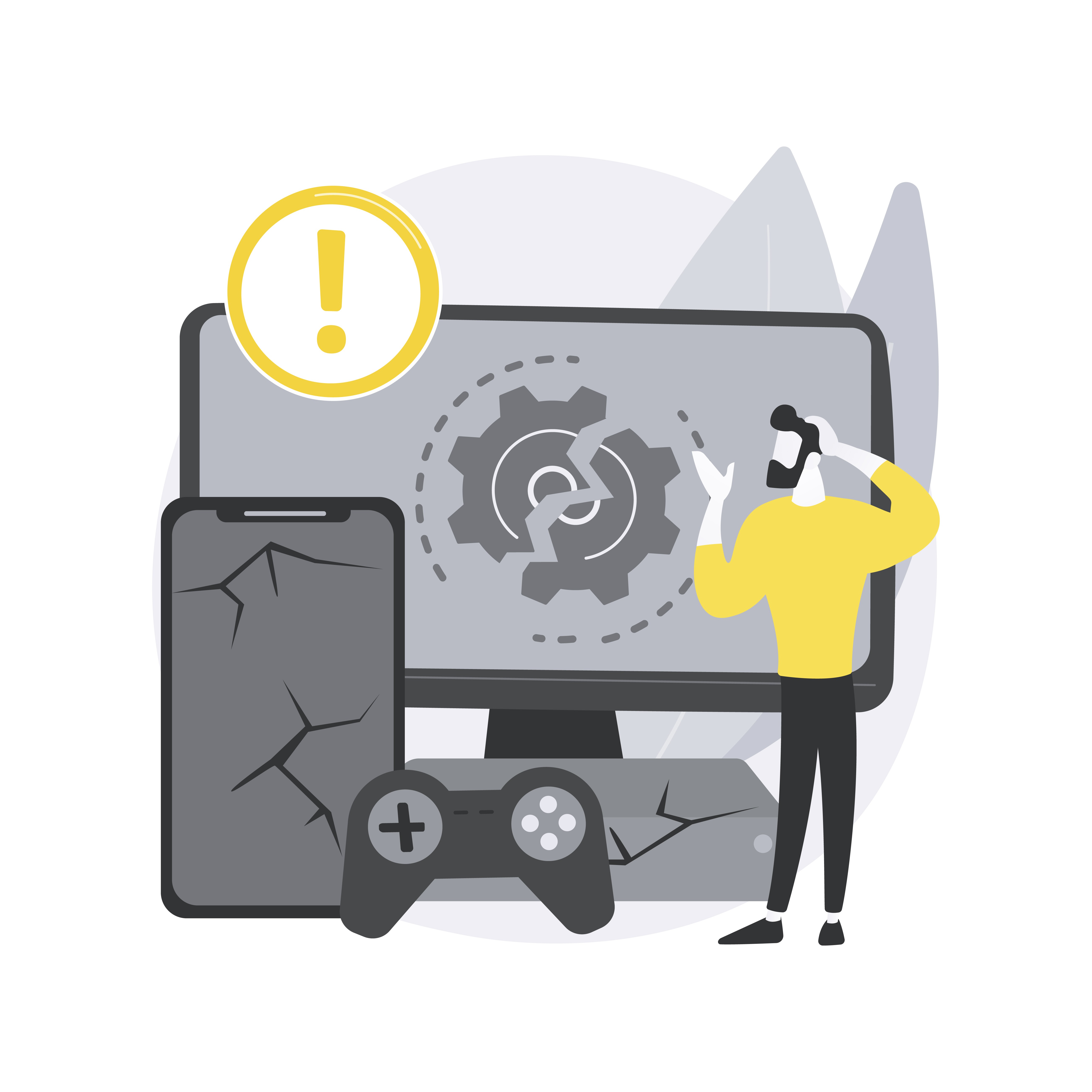 This is the illustration of a man being stressed due to the use of his current software solutions which couldn't cater his reuirements. We can see a mobile phone with a broken screen and a broken desktop in the image with a warning sign illustration in yellow color.