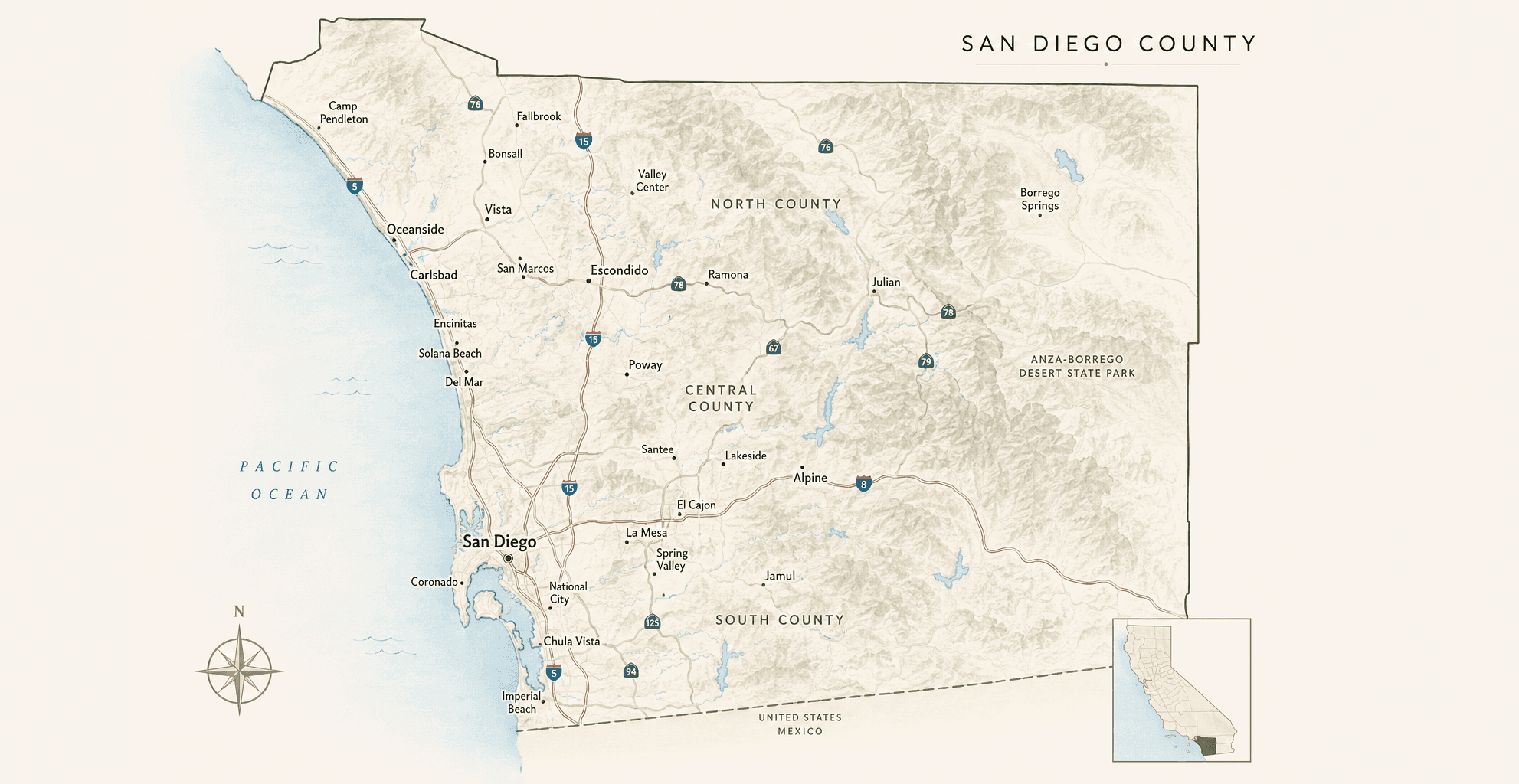 Map showing Pure Light Cleaning's service area throughout San Diego County.