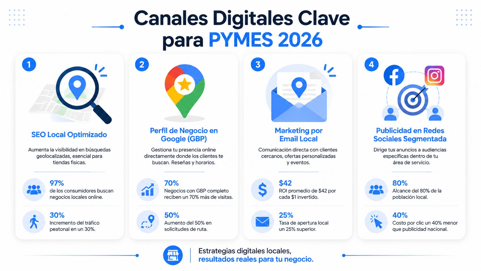 Infografía sobre canales digitales clave para pequeñas y medianas empresas en 2026 orientada a resultados locales.
