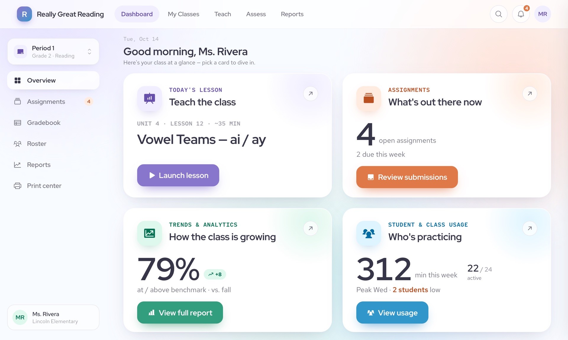The winning concept: a teacher dashboard with four color-coded sections and a personal greeting