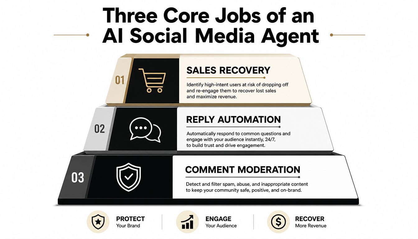 A diagram outlining the three core functions of an AI social media agent: sales recovery, reply automation, and moderation.