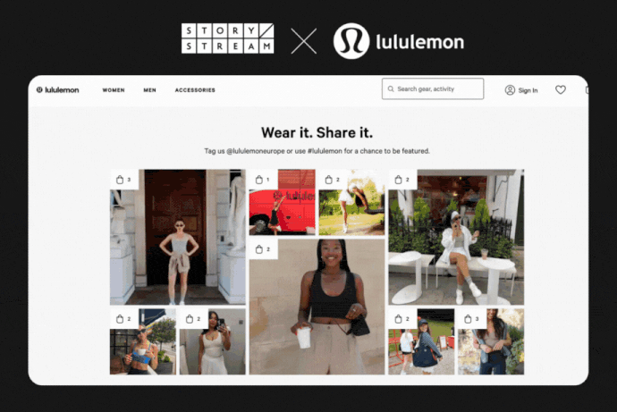 The Lululemon website is shown with a collage of user-generated content photos. The text "Wear it. Share it." is written above the photos. StoryStream and Lululemon logos are at the top. Cycles through to the Office shoes website, with another UGC gallery.