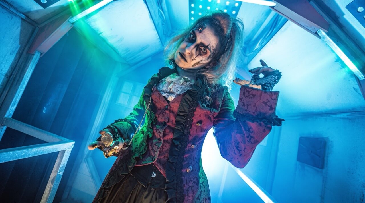 Costumed scare actor holding a pocket watch in blue-green light