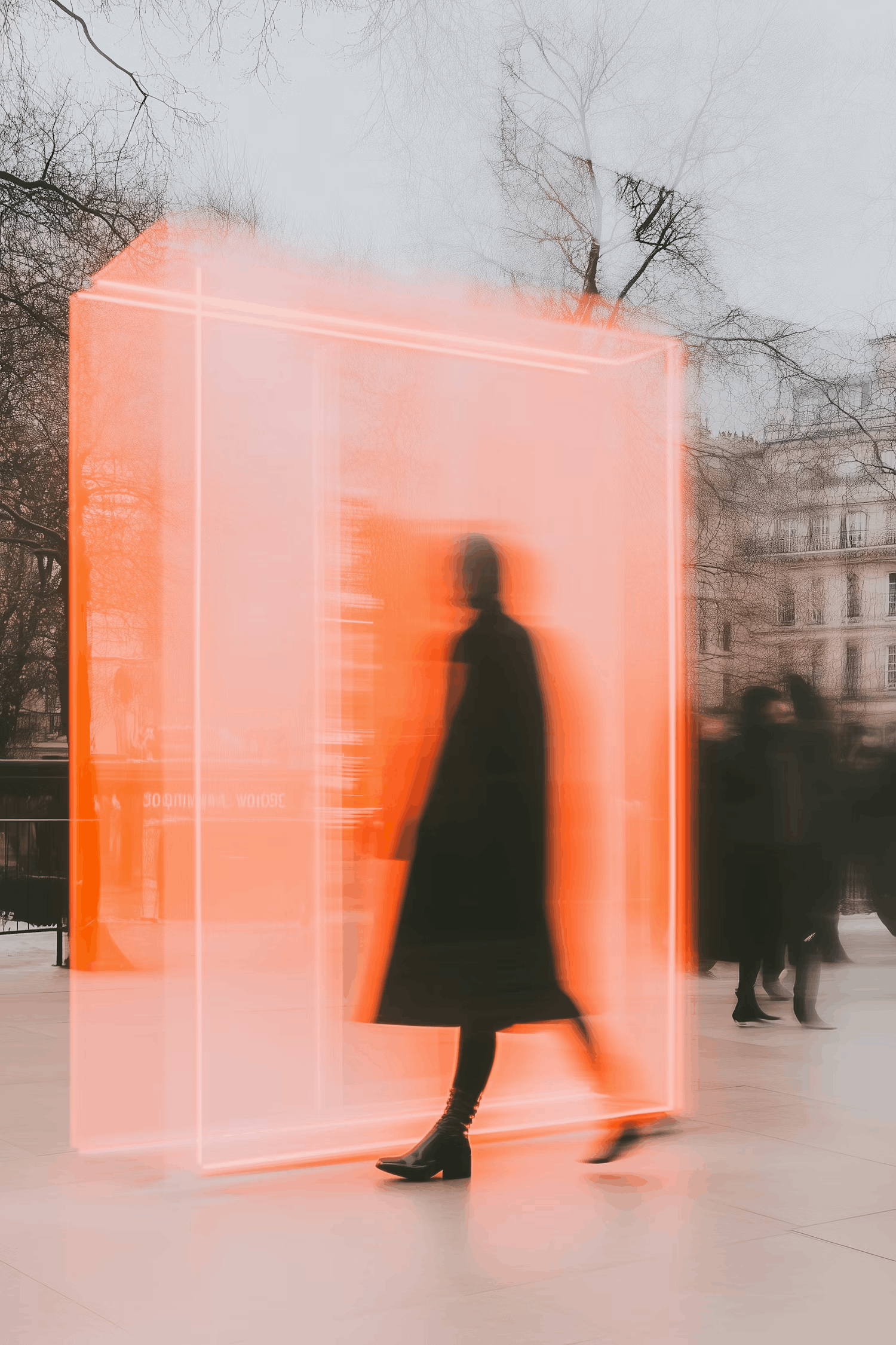 Blurred figure walking through a glowing orange rectangular light.
