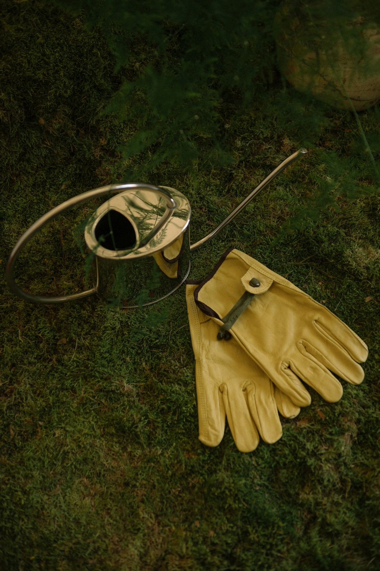 Glove and a plant watering tool placed on ground