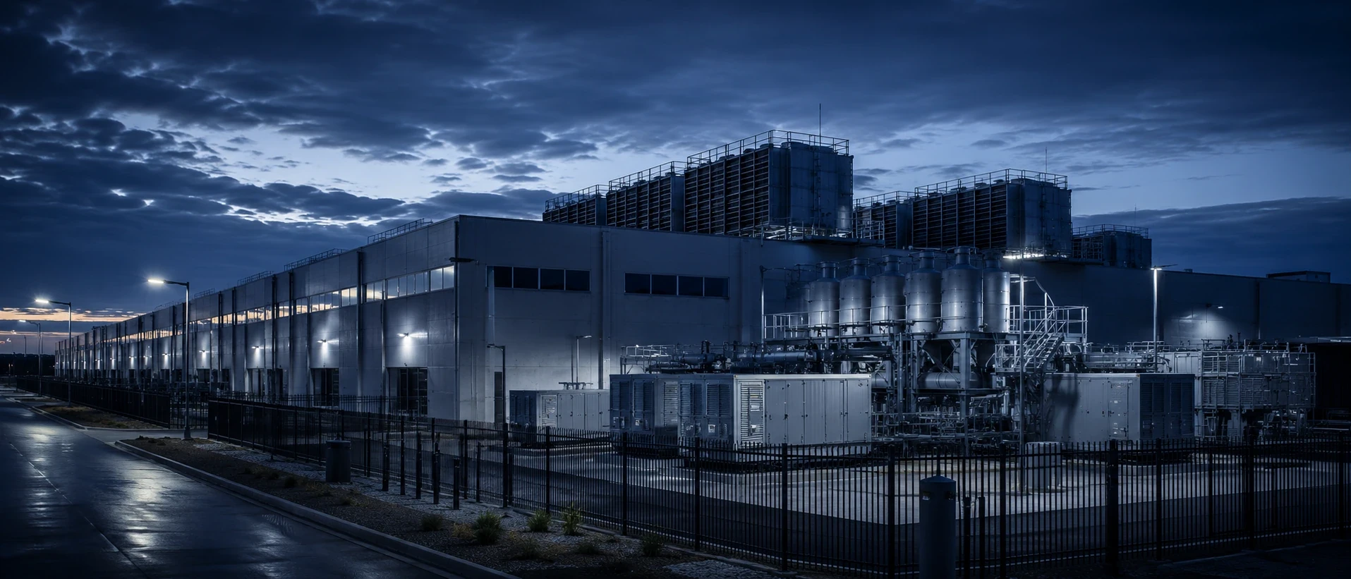 Hyperscale data center campus exterior at blue hour