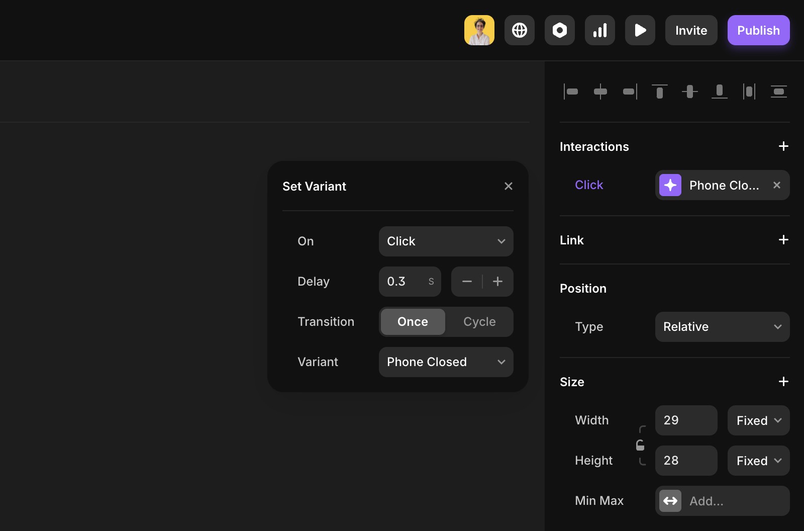 截图展示如何在 Framer 中为移动端菜单添加过渡效果。界面显示了交互面板,加号图标被高亮,并设置了对使用绝对 URL 的链接添加 0.1 秒延迟。