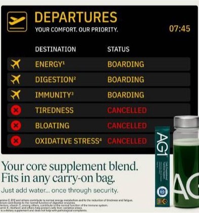 AG1 static ad: departures board, what you gain vs lose