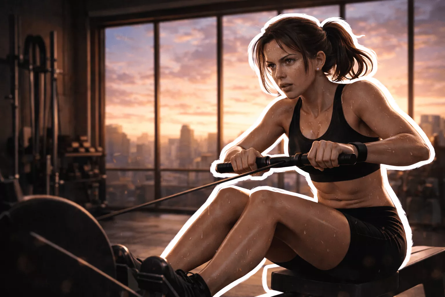 A young female athlete performs Tabata training on a rowing machine.