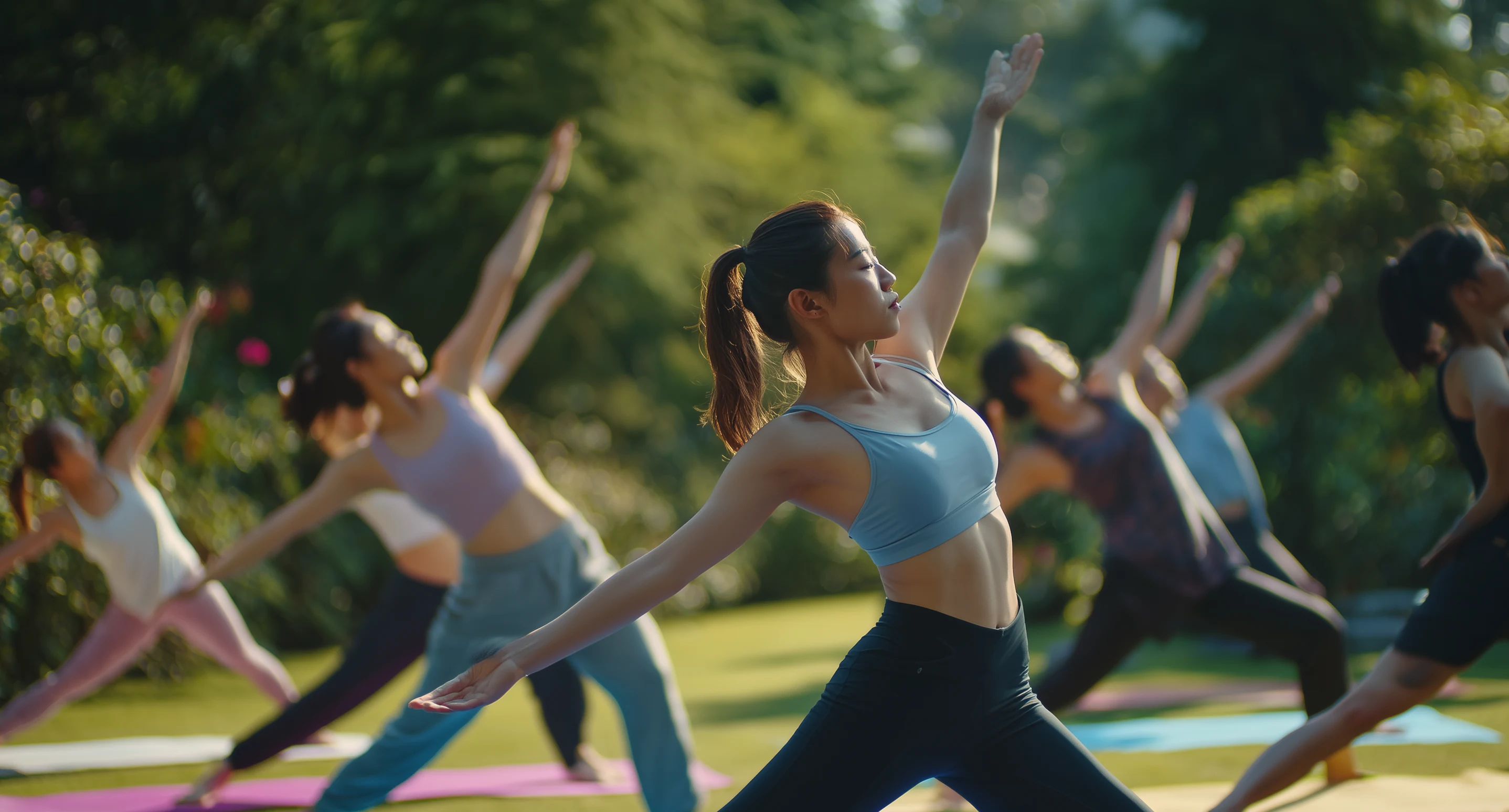Outdoor yoga class stretching in nature