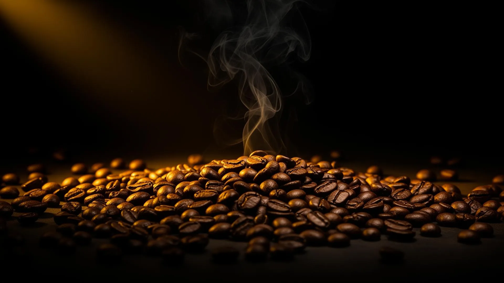 Dark, moody pile of coffee beans with steam rising and a warm golden light beam