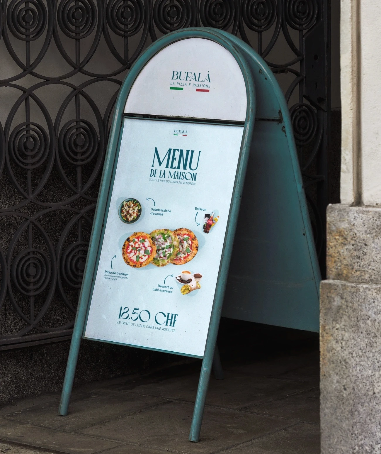 Poster pubblicitario pizzeria campagna marketing ristorante ristorazione advertising Bufalà Pizza Experience lausanne Svizzera