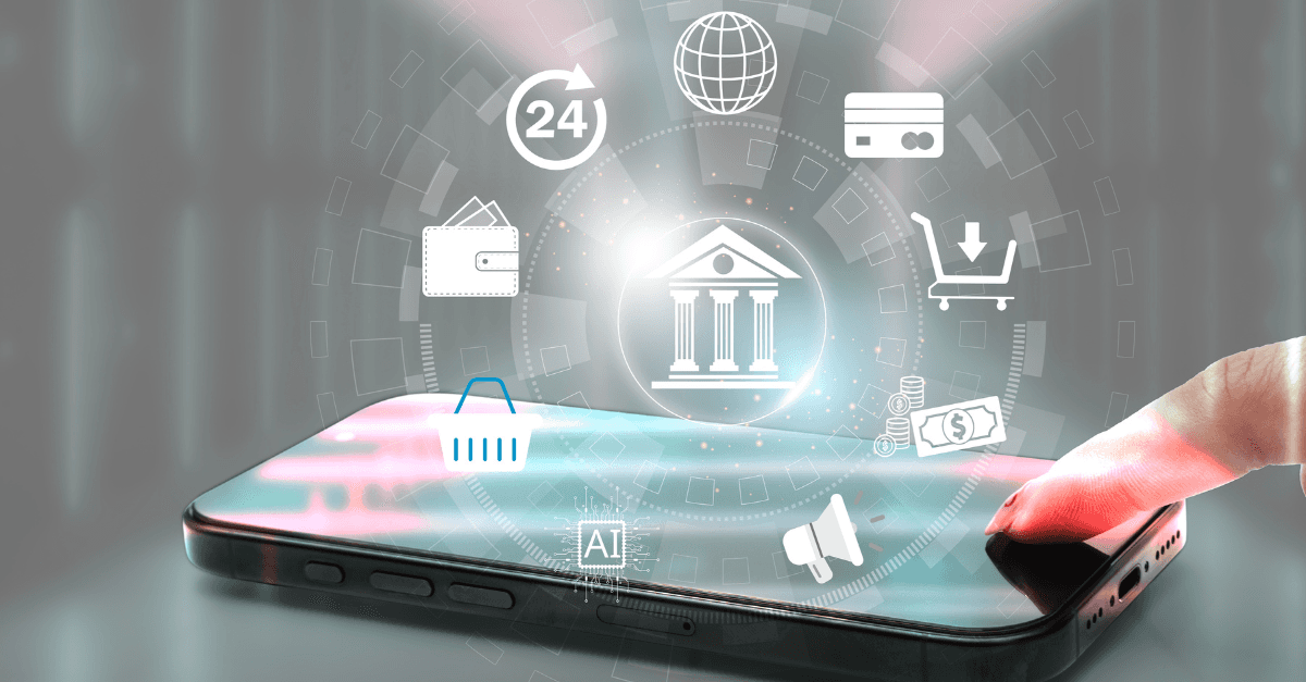 A finger presses on a smartphone screen displaying icons representing online banking, shopping, and finance, including a bank, credit card, shopping cart, wallet, and AI symbol.