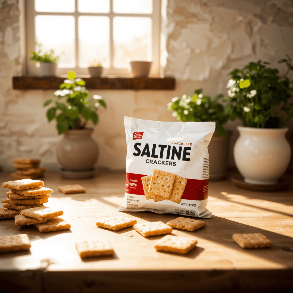 product photography of a packet of saltine crackers