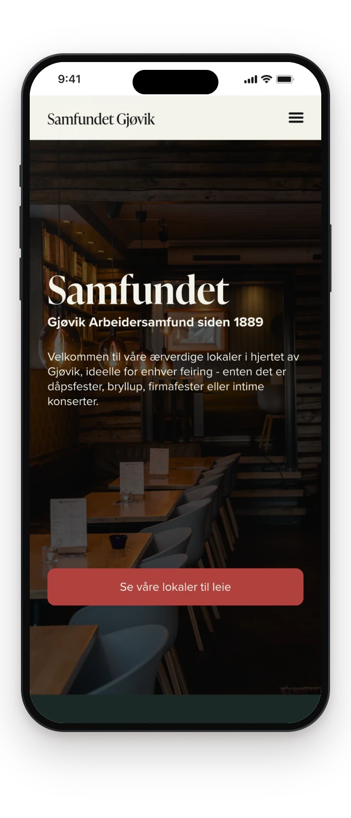 High-fidelity landing screen on a phone, introducing Samfundet with a button to see the venues available to hire