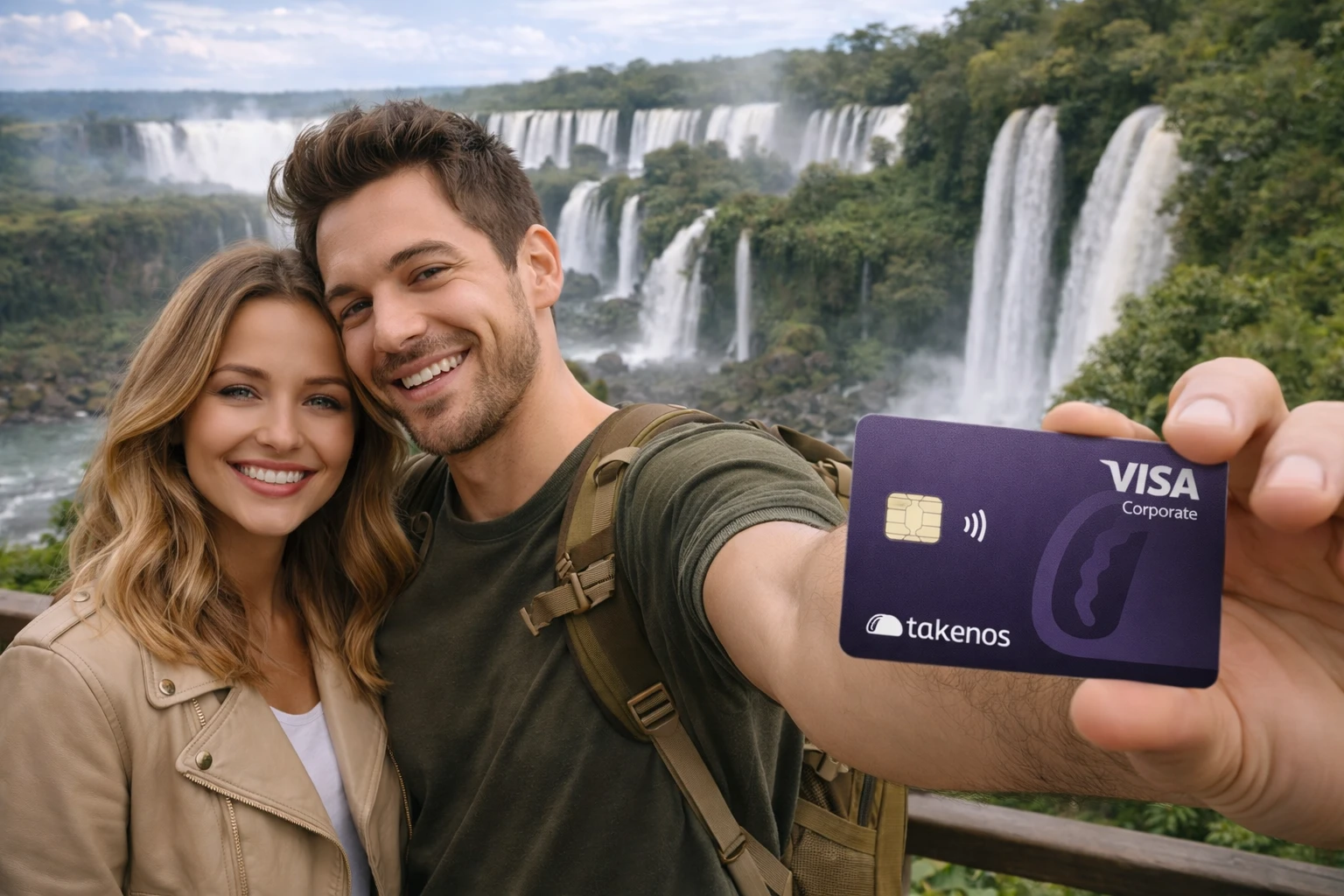 Pareja de turistas sonrientes frente a las Cataratas del Iguazú sosteniendo la tarjeta virtual de Takenos, una solución ideal para pagar en Argentina sin efectivo siendo extranjero