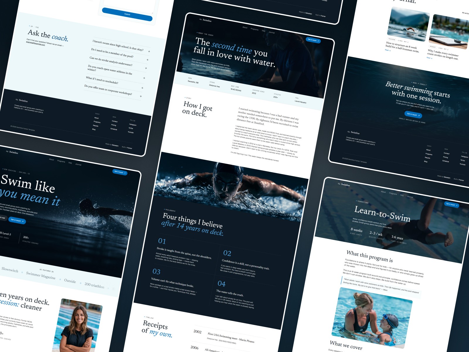 Swimline Framer template – responsive preview showing desktop and mobile views of homepage and about section