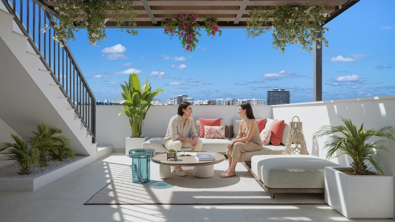 Couple relaxing on the shaded rooftop terrace of Byron Avenue Residence in North Beach, Miami Beach, under a bougainvillea pergola with skyline views