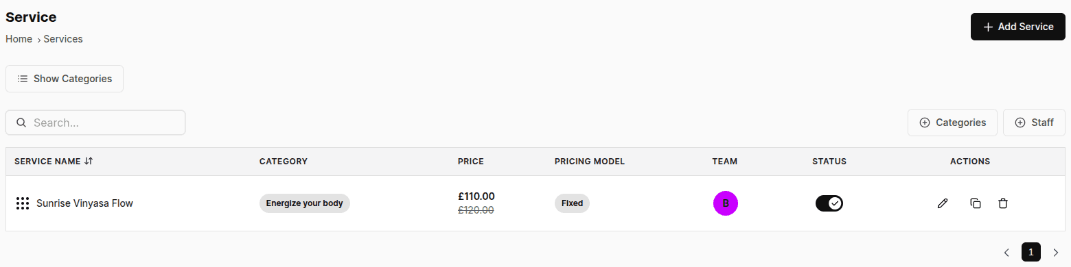Services page with the service table showing name, category, price, pricing model, team, status and actions