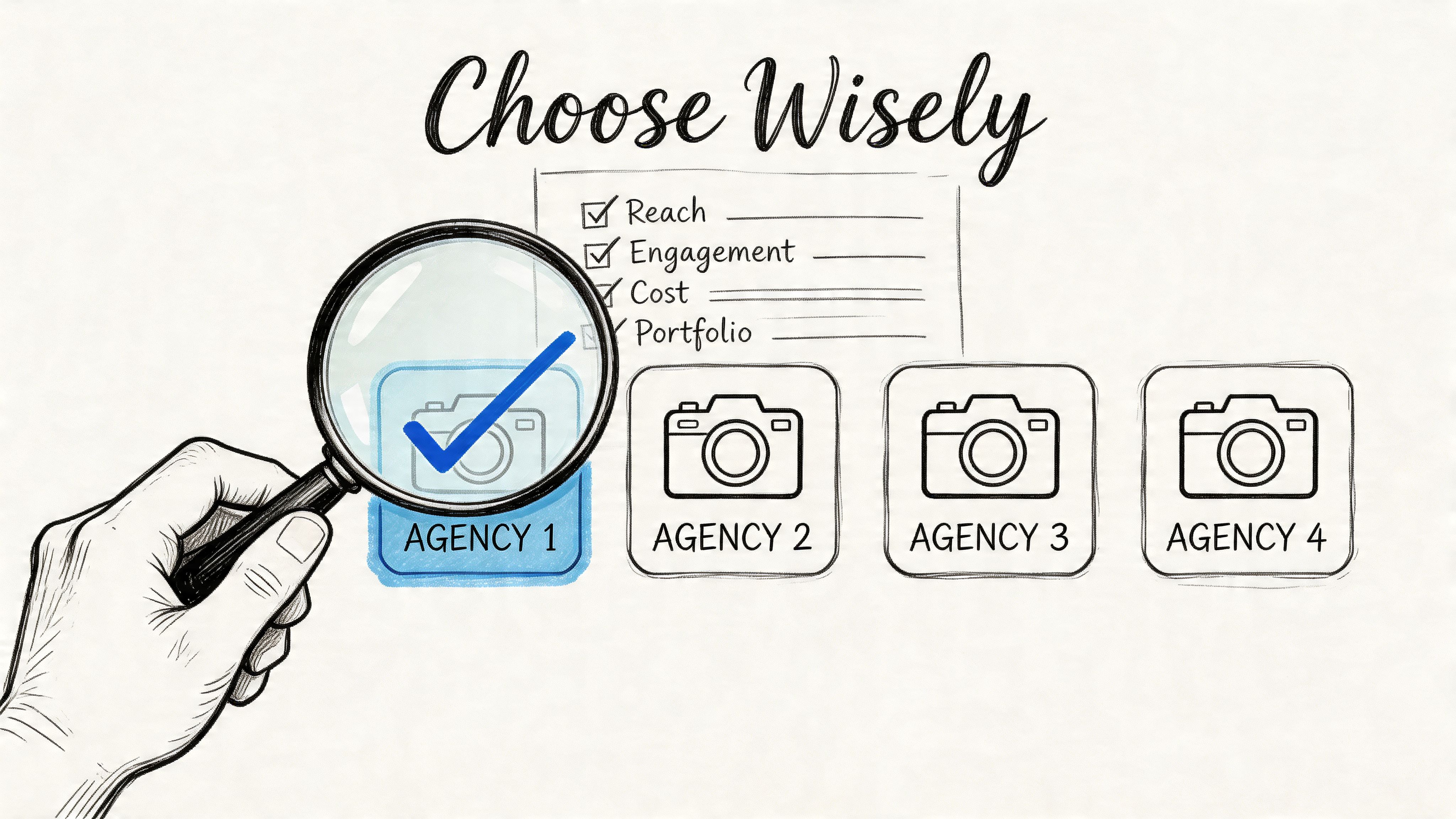 A hand holding a magnifying glass over Agency 1 option while comparing criteria for Instagram marketing agencies.
