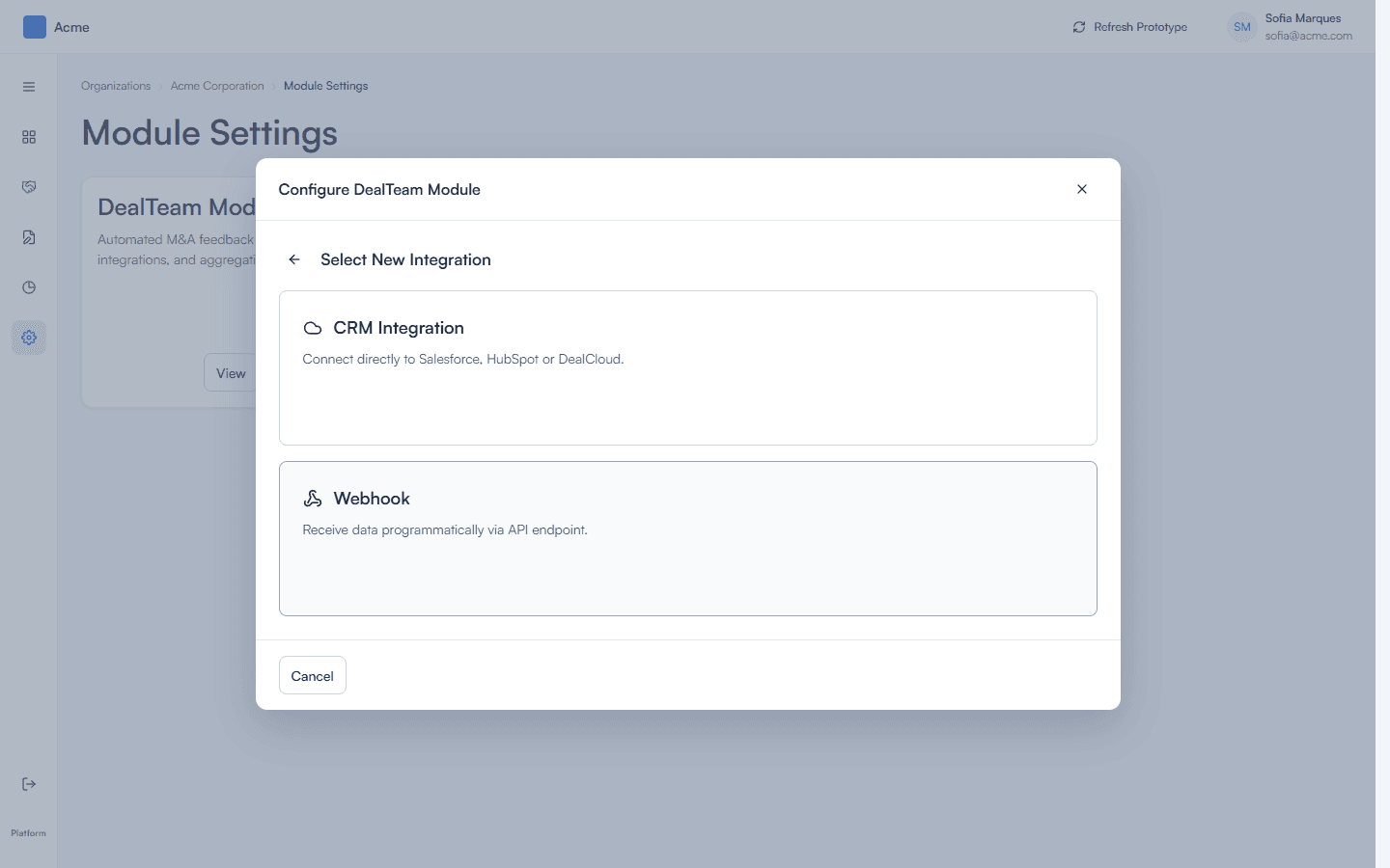 Configure DealTeam Module modal showing CRM Integration and Webhook as the two entry paths for a new integration.