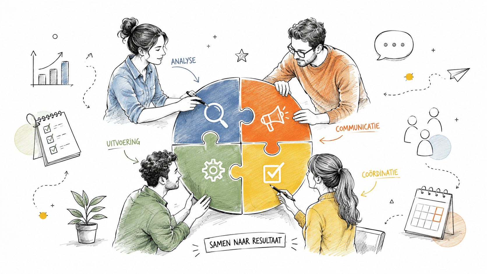 Een divers team werkt samen aan een puzzelstukontwerp dat analyse, uitvoering, communicatie en coördinatie representeert.