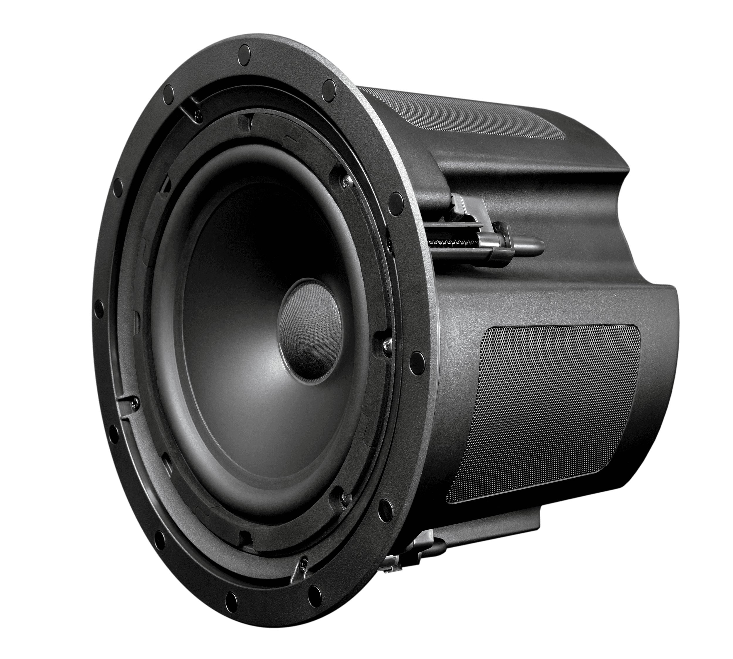 Black subwoofer driver with textured casing