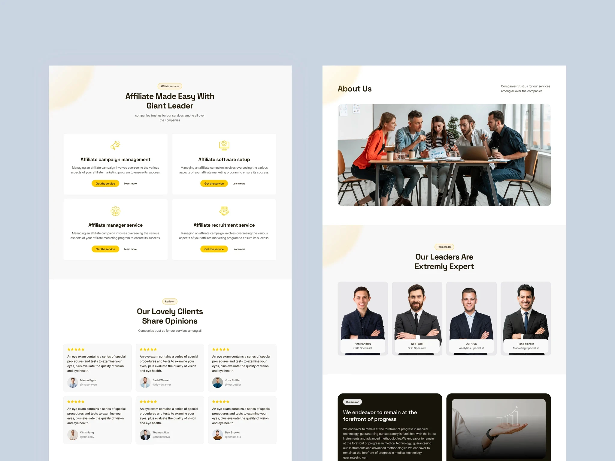 GiantLeader business and marketing agency template with service cards, client testimonials, team section, and about us page.
