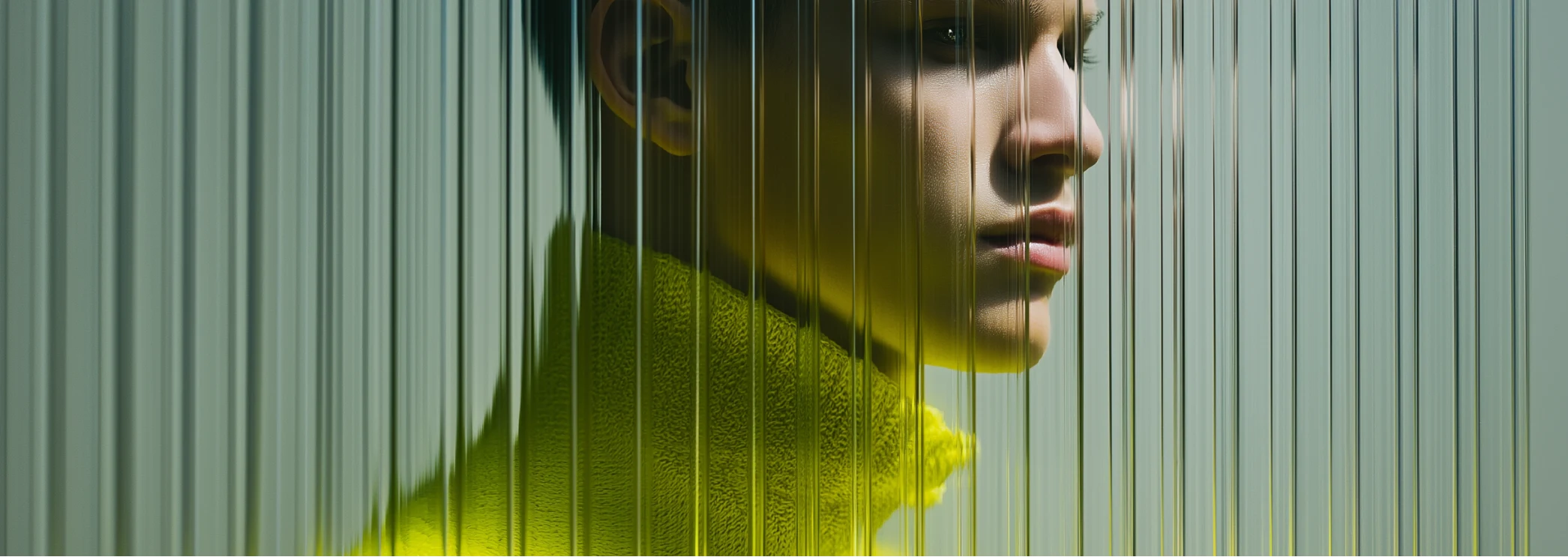 Side profile portrait behind vertical glass texture