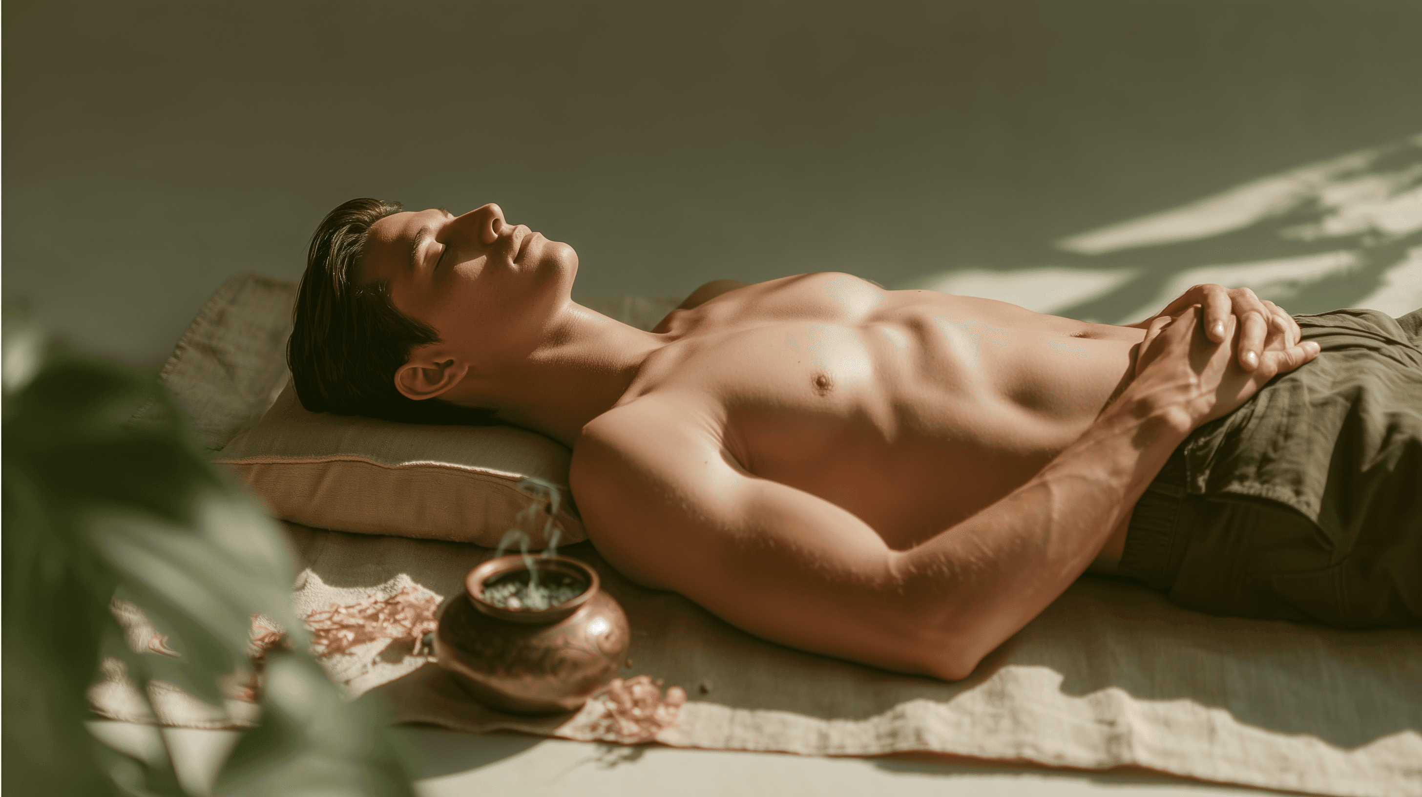 Man lying on a mat with eyes closed in a relaxation or meditation pose beside a burning incense bowl.