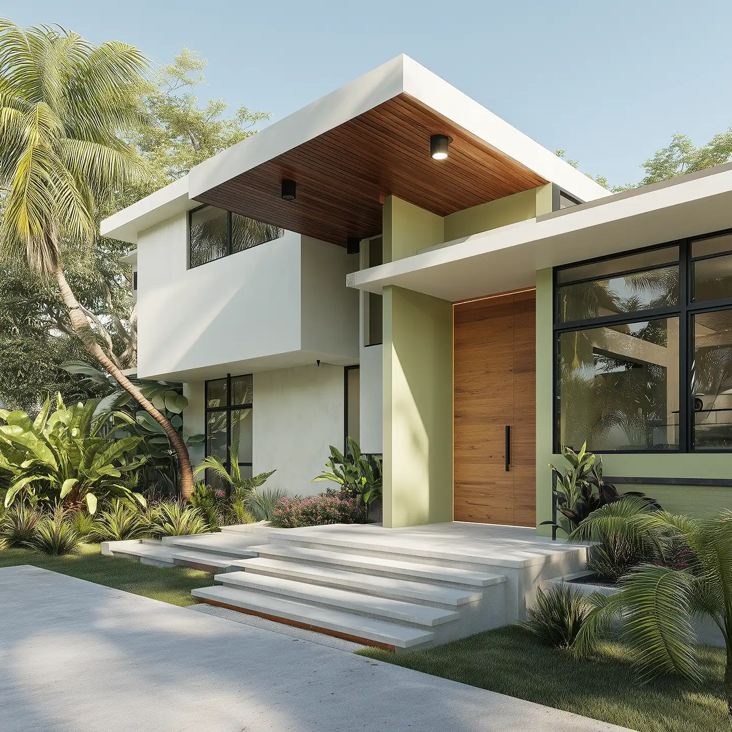 Modern house exterior with landscaped garden and paved driveway