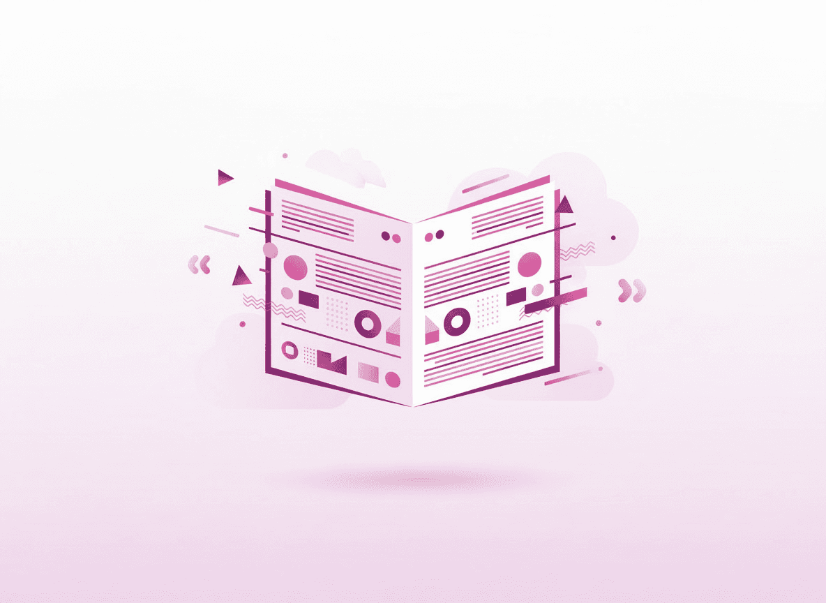 This image depicts an abstract illustration of an open newspaper with stylized charts, graphs, and geometric shapes, set against a soft pink gradient background.
