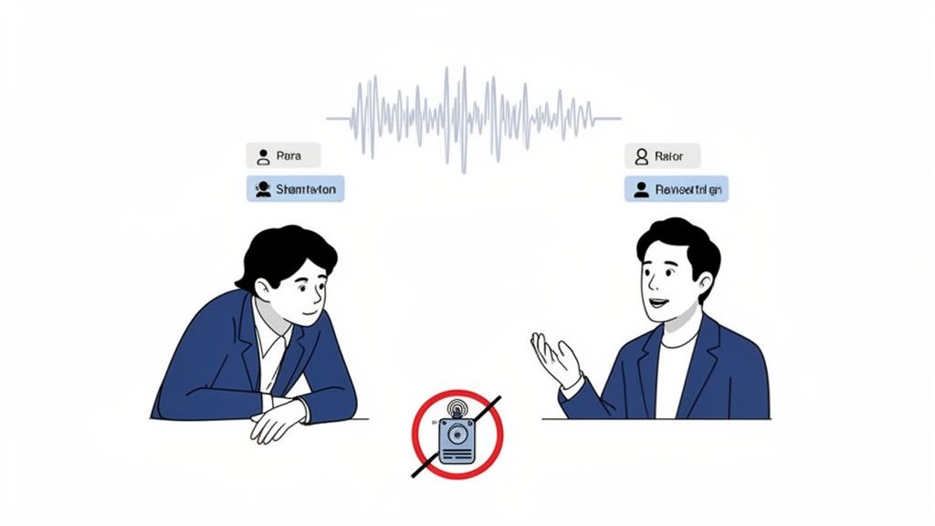 Two people conversing with a sound wave above, and a crossed-out recording device indicating no recording.