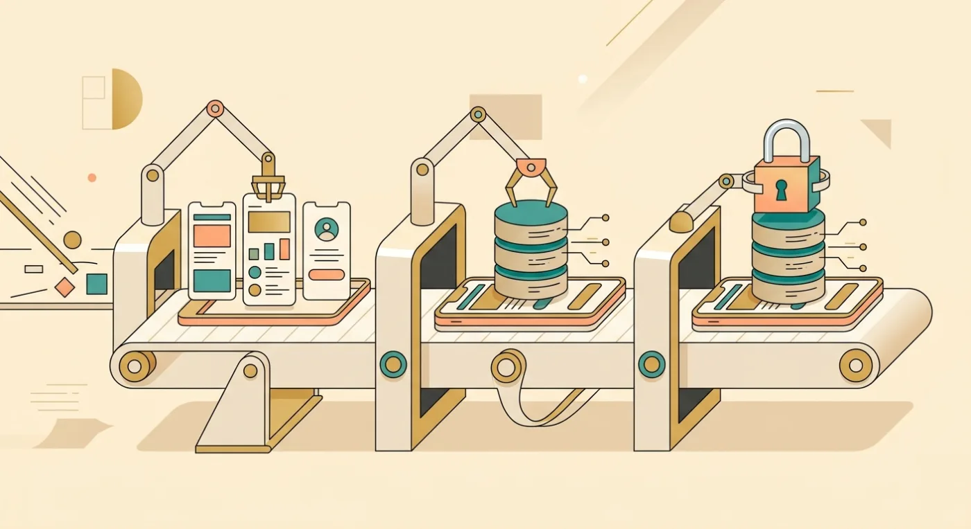 Vibe coding build stages shown as an assembly line adding screens, a database, and a lock to a phone app