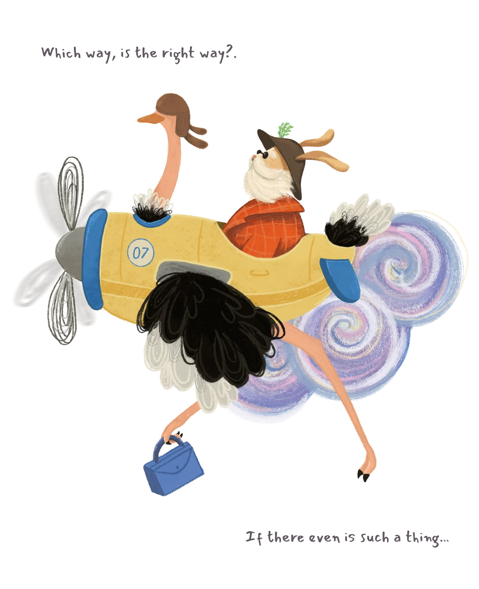 A rabbit flying through the clouds on an ostrich airplane.