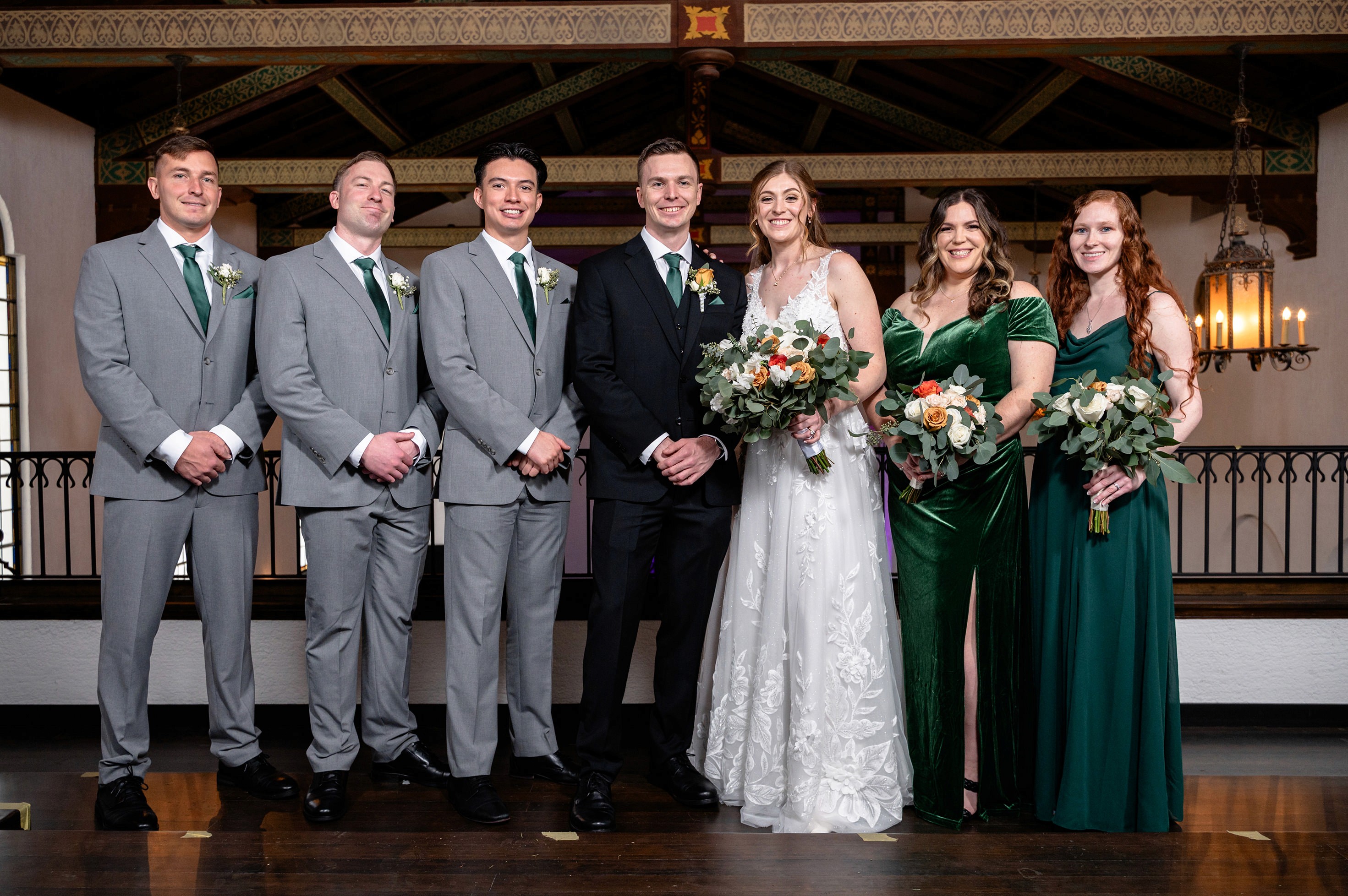 Flat lay wedding details with bouquet, rings, and sparkling bridal heels