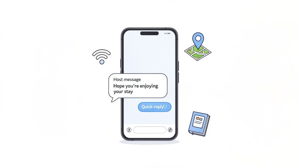 A smartphone screen showing a host message: 'Hope you're enjoying your stay,' with icons for Wi-Fi, map, and a guide book.