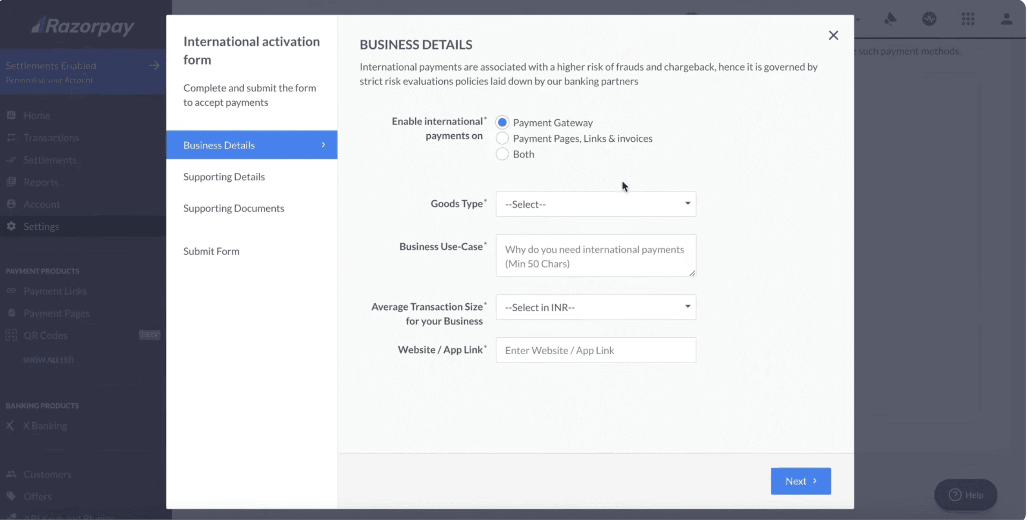Submitting business details for account approval in Razorpay