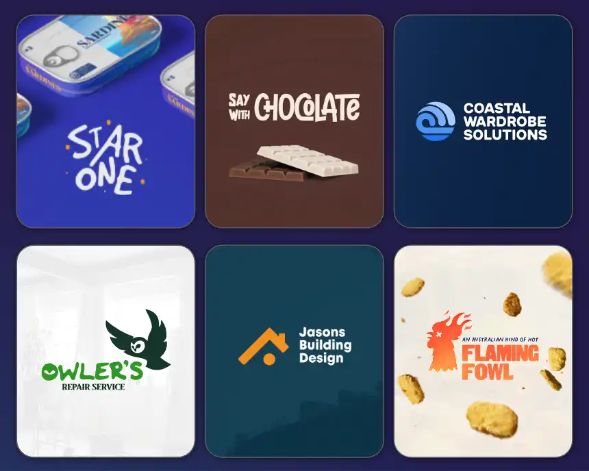 A 3x2 grid of colorful logo tiles on a dark blue background, showcasing diverse branding projects including a sardine tin for "Star One," chocolate bars for "Say With Chocolate," a minimalist house icon for "Jasons Building Design," a flying owl for "Owler’s," "Coastal Wardrobe Solutions," and a flaming rooster icon for "Flaming Fowl."
